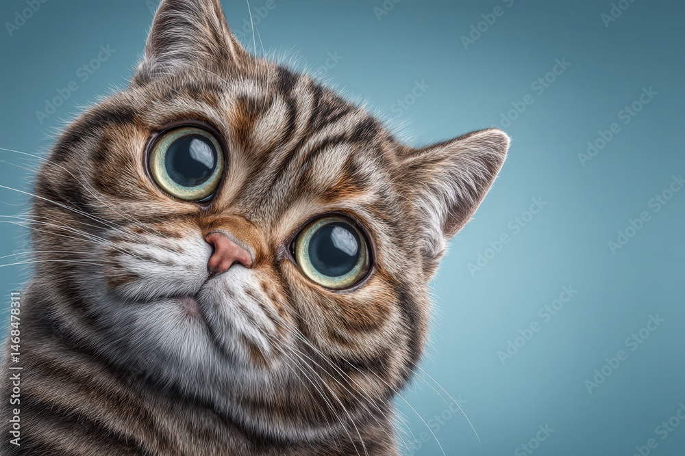 A striped cat gazes curiously at the viewer with its large, round eyes, set against a smooth blue backdrop. The cats expression is engaging and playful, showcasing its adorable features.