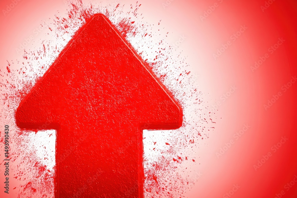 A strong red arrow stands prominently against a vibrant backdrop, emphasizing movement and positive growth. The splatter effect enhances the dynamic feel of the composition.