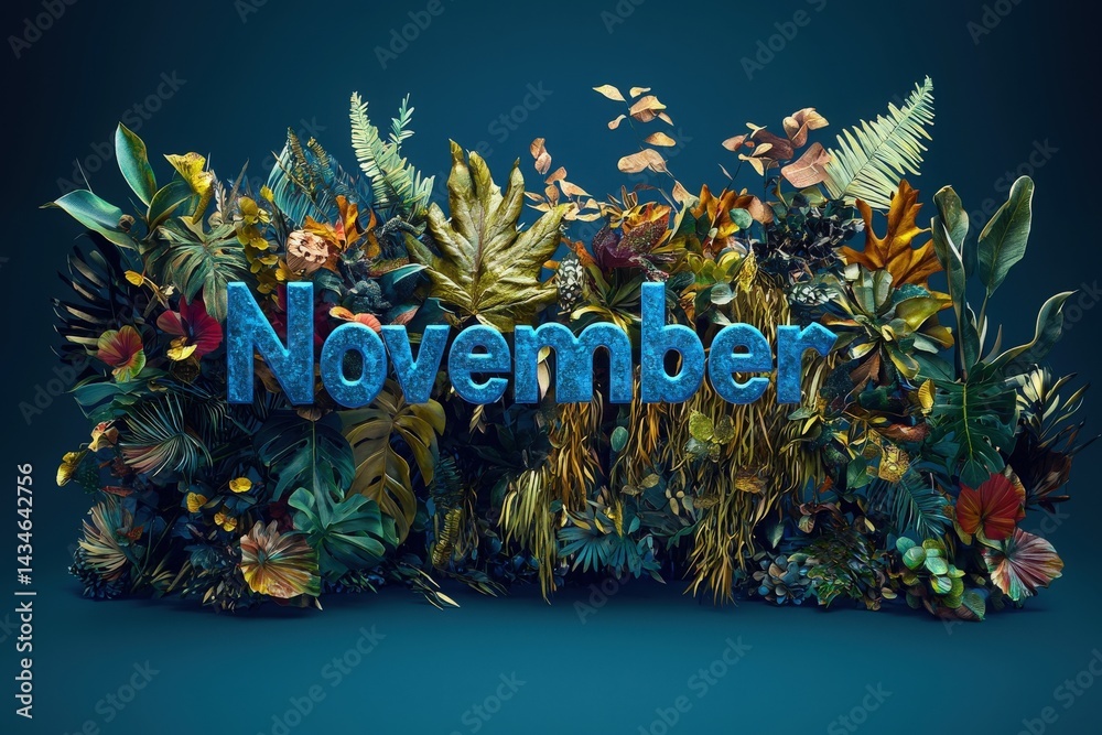 A stunning arrangement of lush plants and colorful foliage forms a backdrop for the word November. This artwork showcases various textures and shades, capturing the essence of autumn.