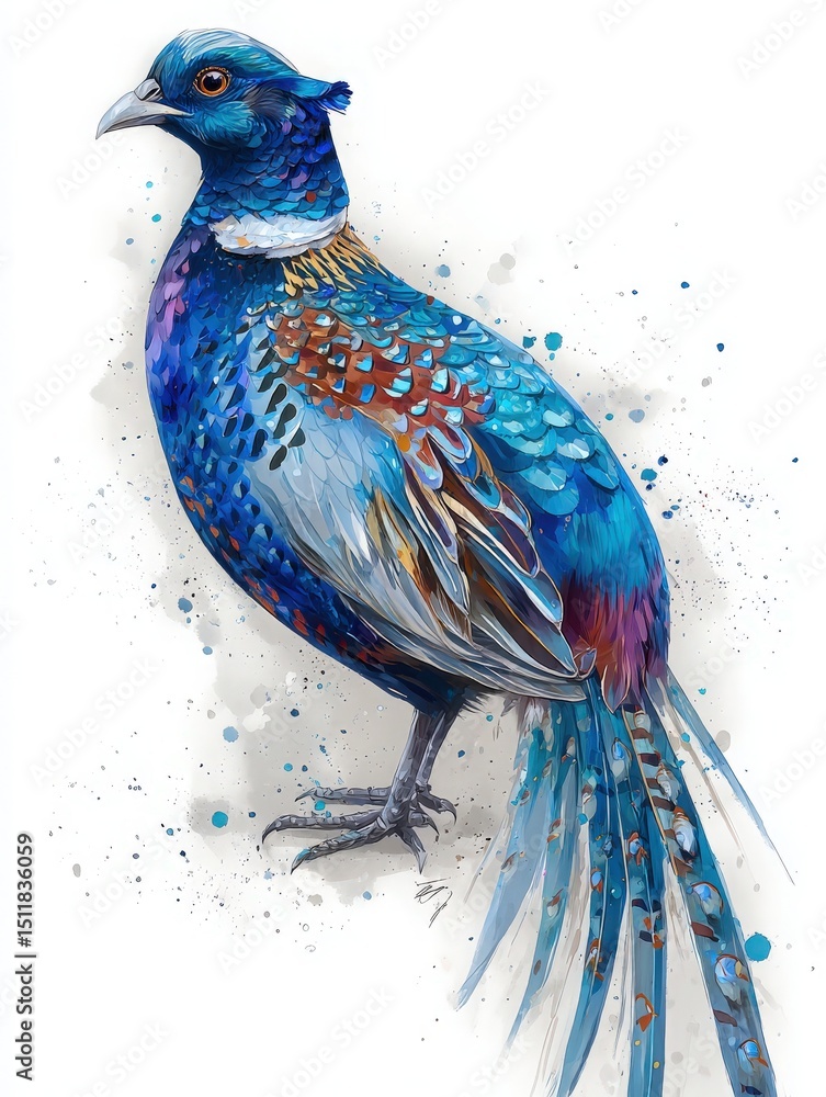 A stunning bird illustration showcases rich blue and purple feathers with intricate details. The artwork highlights the birds unique patterns and elegance, creating a captivating visual.