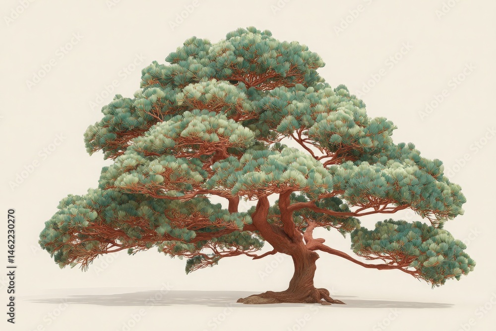 A stunning bonsai tree features a rich brown trunk and expansive green foliage. The harmonious shape of the branches displays the delicate craftsmanship of nature, inspiring tranquility and elegance.