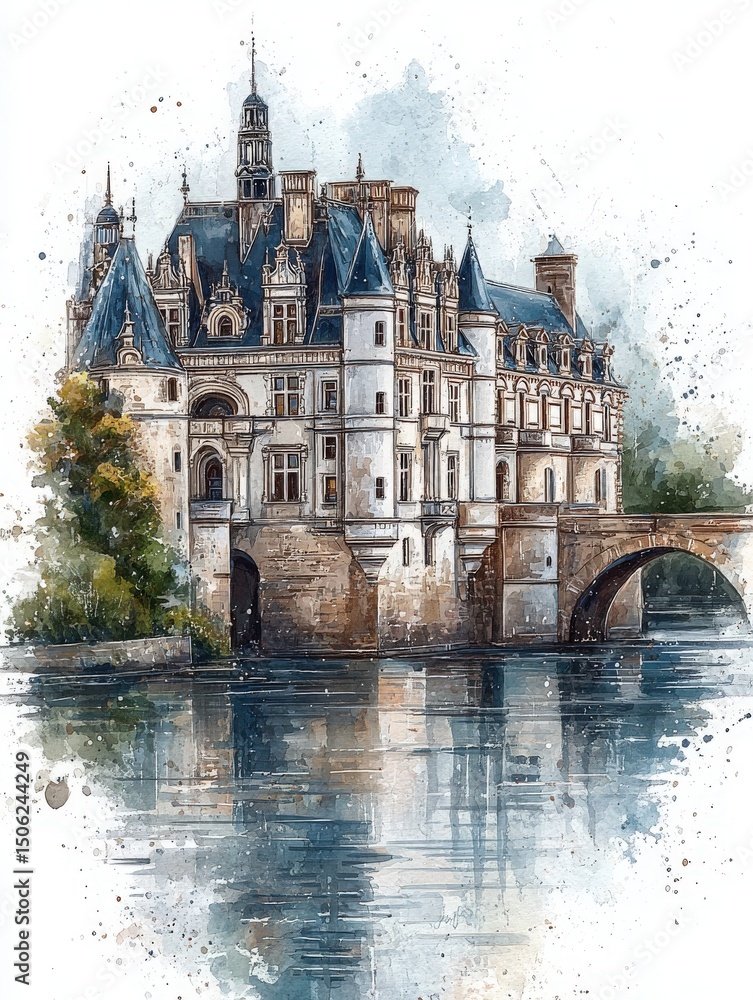 A stunning castle is situated beside a calm river, with its turrets and towers prominently displayed. The golden light of sunset casts a warm glow on the architecture, enhancing its charm.