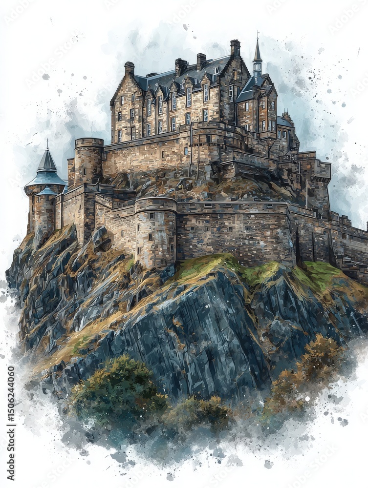 A stunning castle sits atop a rugged cliff, showcasing intricate architecture against a backdrop of swirling clouds. The scene captures the grandeur and historical significance of this fortress.