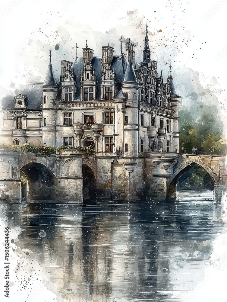 A stunning castle stands majestically on the riverbanks, its intricate towers and arches reflected in the calm water.