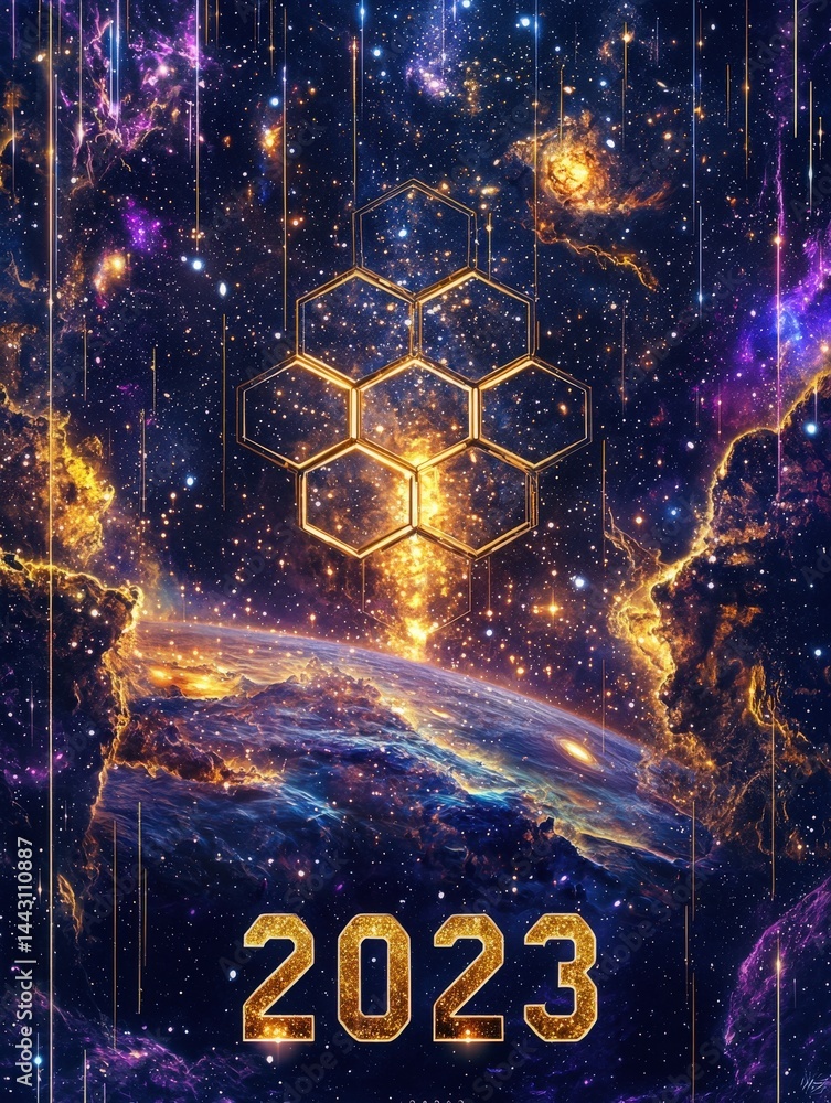 A stunning cosmic landscape features bright stars and colorful nebulae in 2023. A hexagonal pattern emits light and creates a striking focal point against the vast universe.