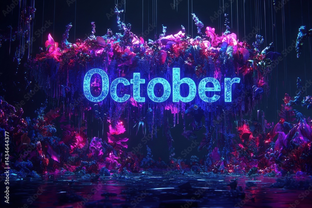 A stunning digital artwork displays the word October surrounded by colorful flowers and neon lights. The vivid colors create a lively atmosphere perfect for the fall season.