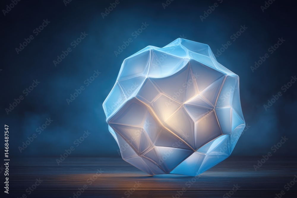 A stunning geometric light sculpture sits on a wooden surface, emitting a soft glow in a darkened environment. The translucent shapes create intriguing reflections, enhancing the atmosphere.