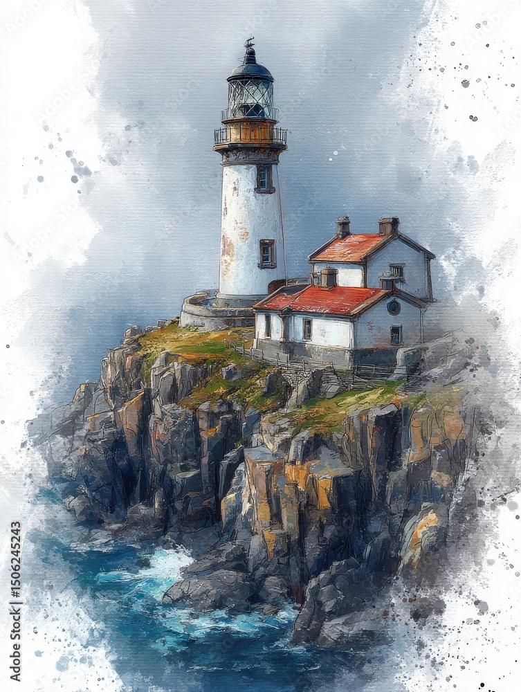 A stunning lighthouse stands atop a rugged cliff surrounded by ocean waves. The cloudy sky creates a dramatic backdrop, enhancing the serene coastal setting.