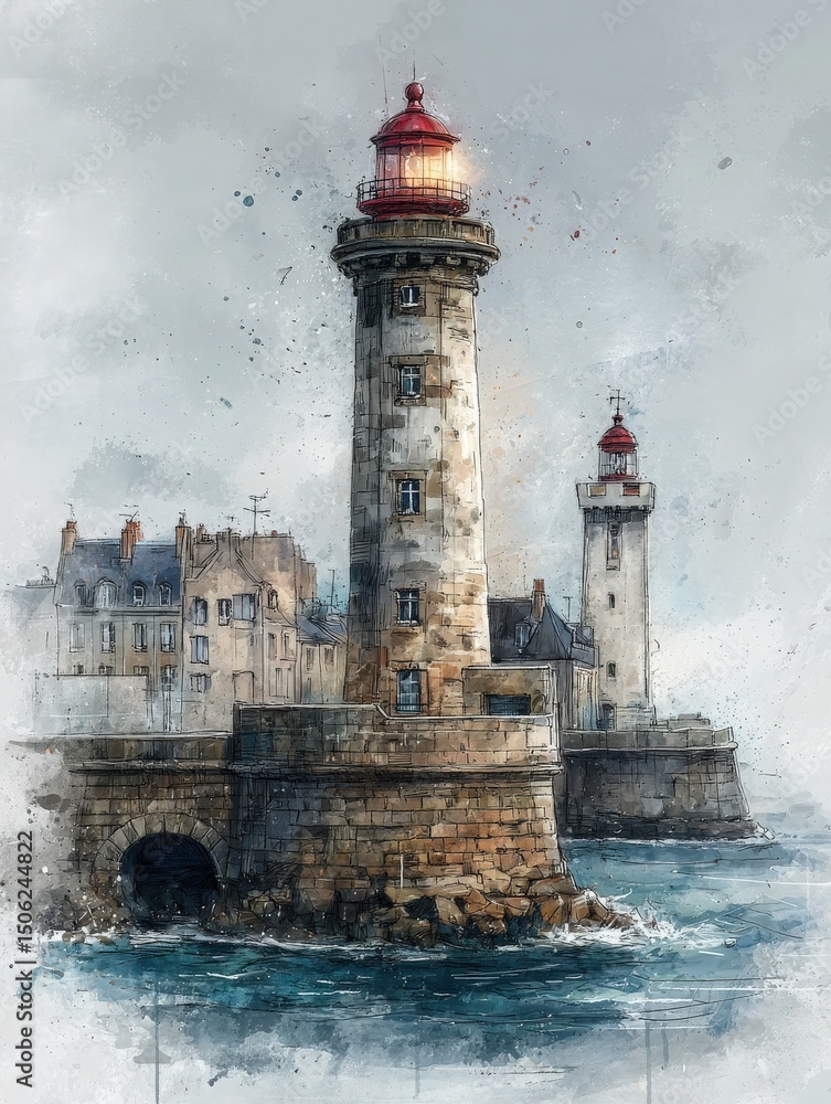 A stunning lighthouse stands tall at the harbor, casting its warm glow amidst an overcast sky. Waves crash against the rocky shore, while nearby buildings add charm to the coastal scene.