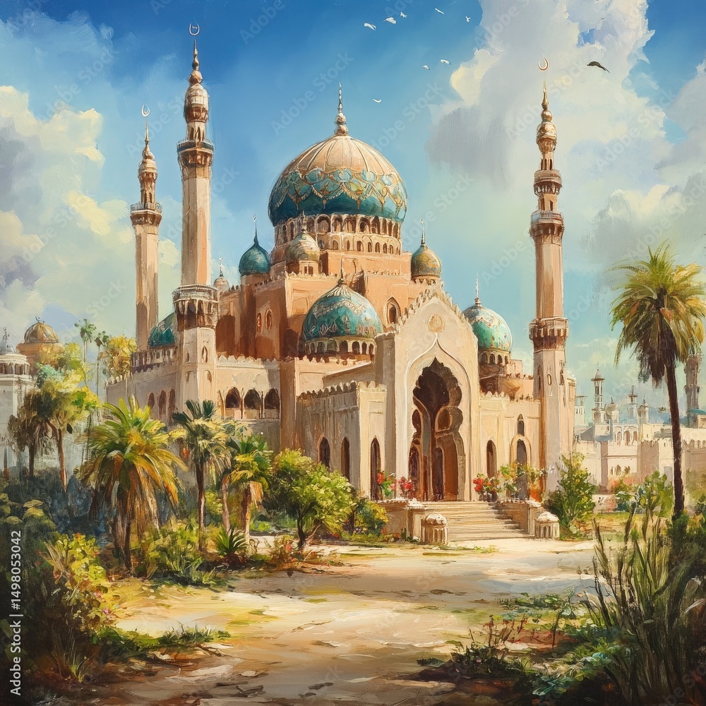 A stunning mosque features beautifully detailed blue domes and tall minarets, nestled among vibrant greenery. The bright sky adds a serene atmosphere to this magnificent structure.