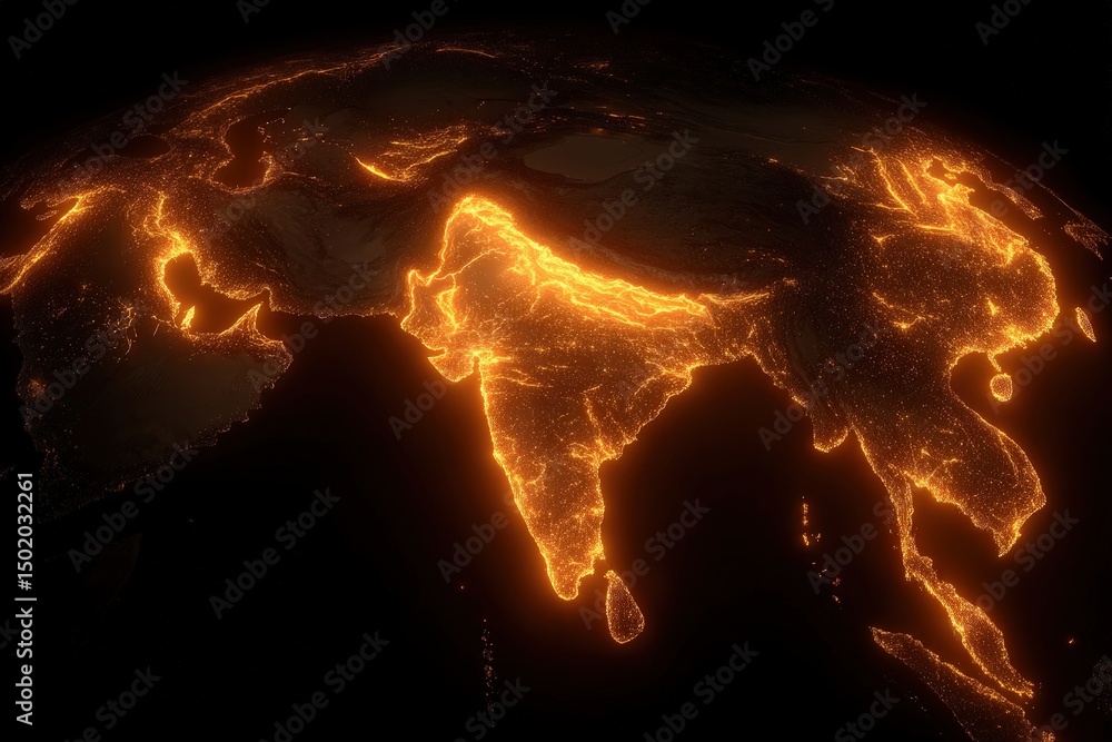 A stunning view of Asia lit up by city lights, showcasing the continents vibrant energy against a dark backdrop, evoking wonder and connectivity.