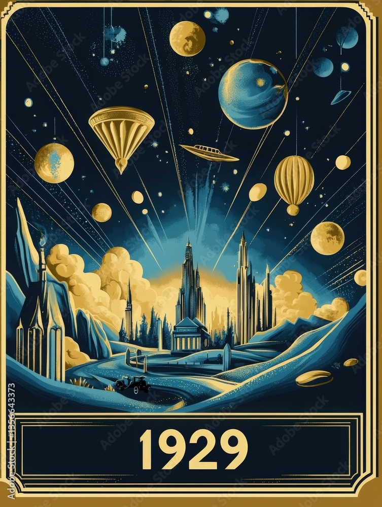 A stunning view of a futuristic cityscape set in 1929 showcases tall spires and unique architecture under a vibrant sky filled with planets and airships.