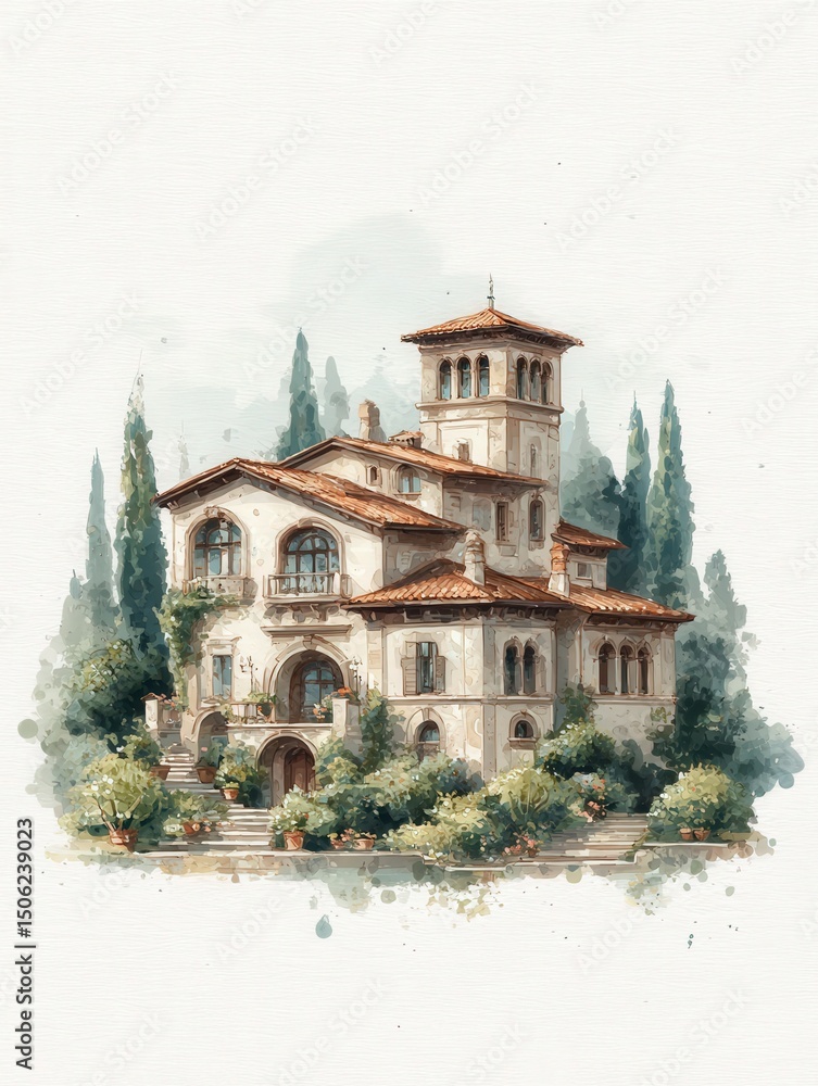 A stunning villa features a terracotta roof and intricate architecture surrounded by lush greenery. The garden has vibrant pots, creating a tranquil atmosphere during bright daylight.