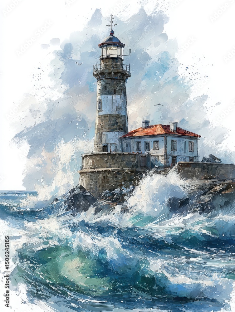 A sturdy lighthouse perched on rocky cliffs is highlighted as turbulent waves crash against it. Dark clouds loom over the scene, enhancing the dramatic atmosphere.