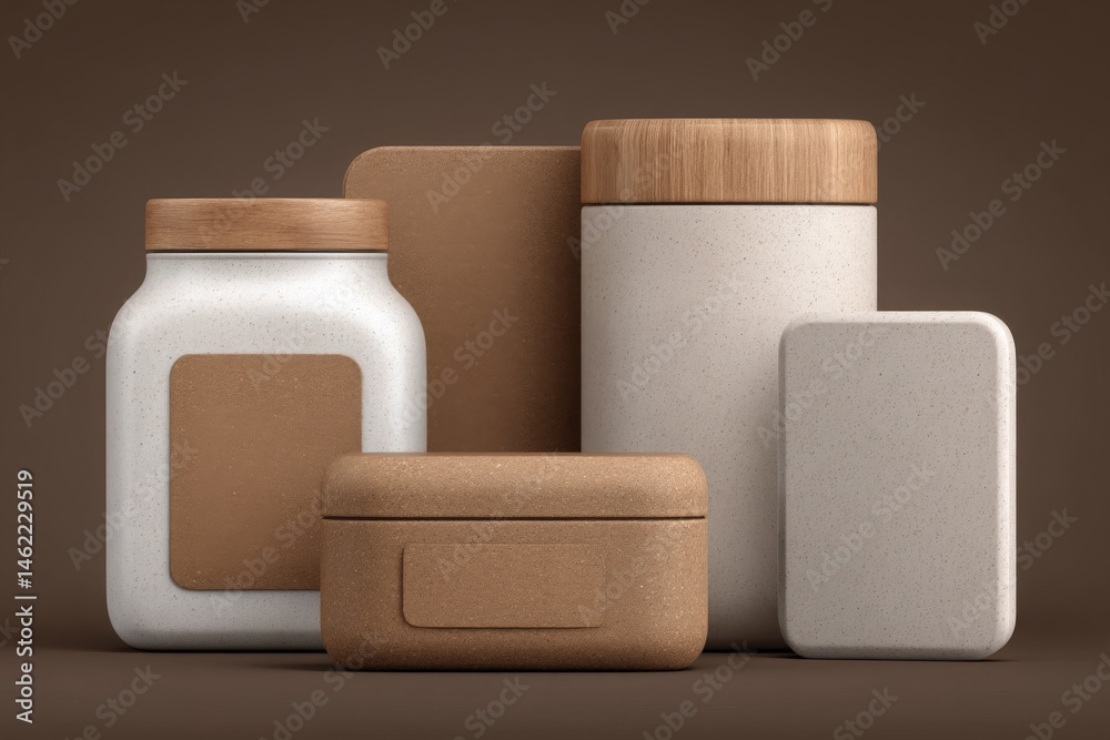 A stylish arrangement of various storage containers in a contemporary design featuring earthy tones and natural materials. The assortment includes jars and boxes that emphasize simplicity.
