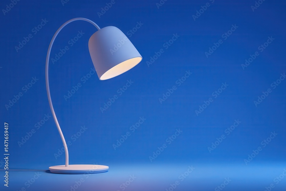 A stylish desk lamp stands on a smooth surface, casting a warm glow. The sleek design features a curved neck and a minimalist shade, creating a calming atmosphere in a blue-toned environment.