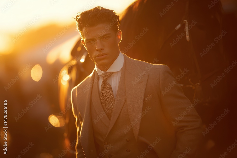 A stylish man dressed in a tailored suit stands confidently against a warm sunset backdrop. The golden hour casts a soft glow while horses graze nearby.