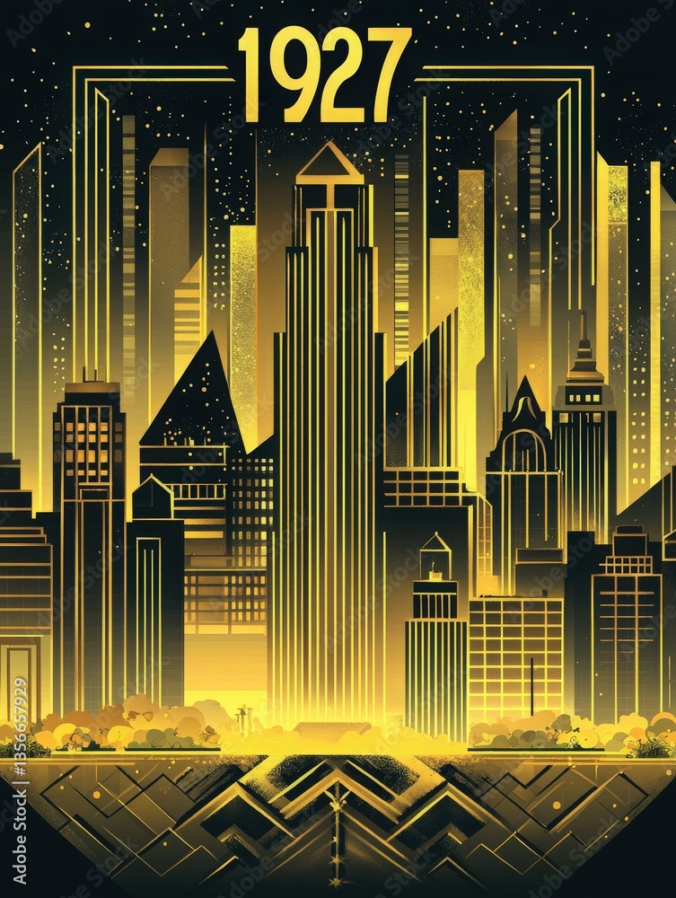 A stylized skyline showcases a city from 1927, featuring tall skyscrapers adorned in gold tones. Geometric designs create a modern yet retro vibe, with a sparkling night sky above.