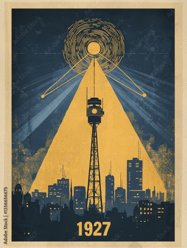 A stylized transmission tower dominates the skyline, projecting beams of light across a dark blue night sky. The cityscape features silhouetted buildings, evoking a vintage atmosphere from 1927.