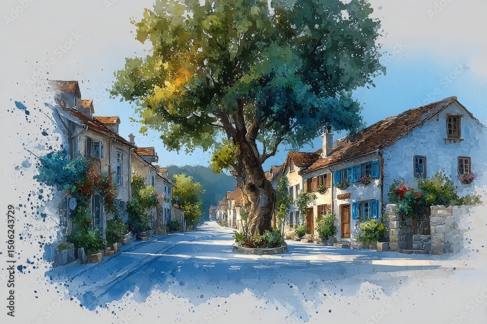 A sunlit village street lined with charming white houses and vibrant blue shutters. Trees provide shade in the warm afternoon, creating a peaceful atmosphere for leisurely strolls.