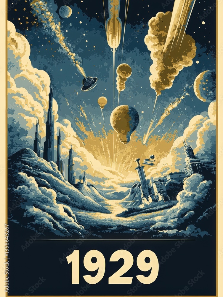 A surreal and imaginative landscape features towering structures and balloons soaring through a cosmic sky.