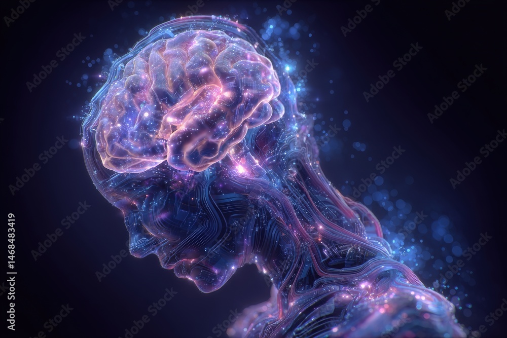 A surreal depiction of a brain emerging from a human silhouette, illuminated by vibrant colors and cosmic elements.