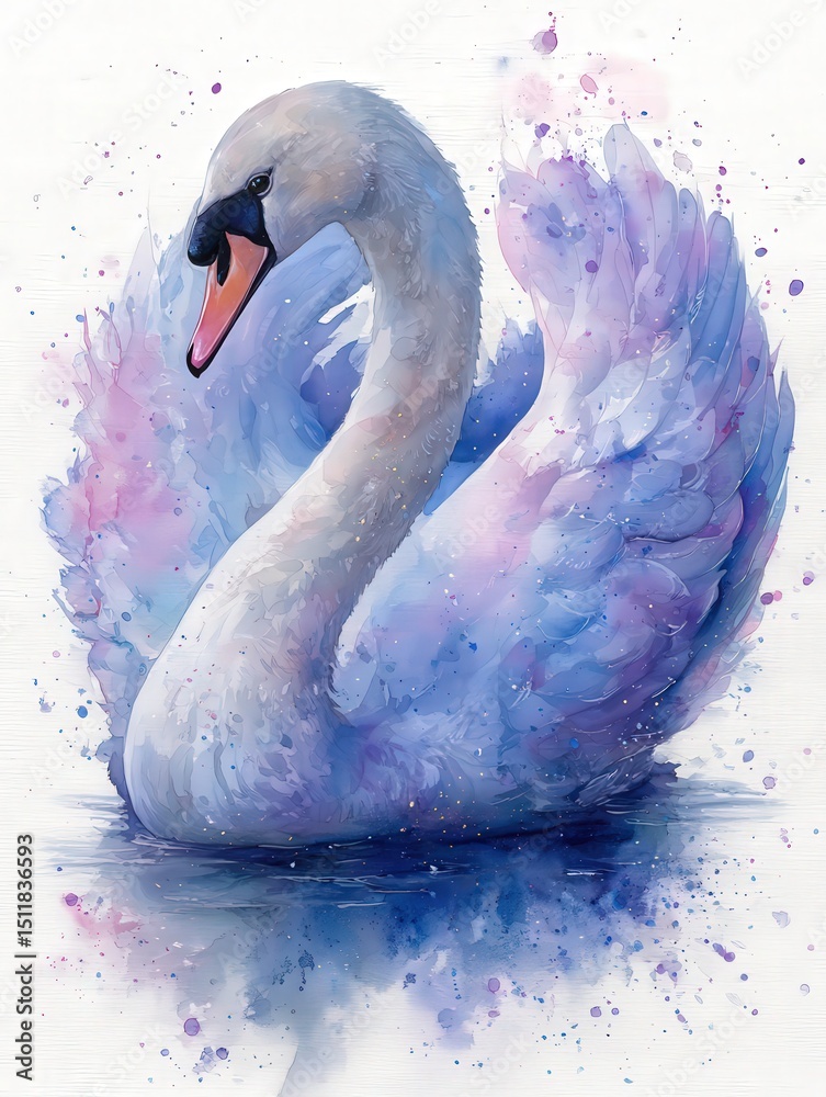 A swan glides through calm water, its elegant body surrounded by a splash of soft pastel colors. The scene evokes tranquility and showcases the beauty of nature in an artistic style.