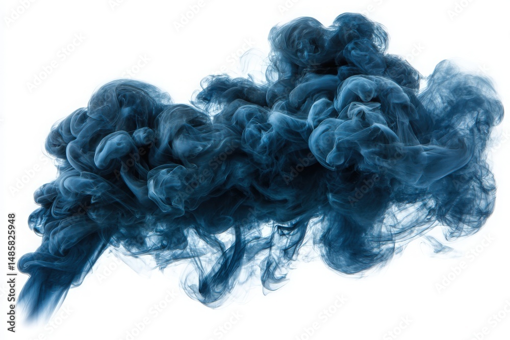 A swirling mass of dark blue smoke rises gracefully, creating an elegant cloud-like formation against a stark white backdrop. The texture is soft and flowing, invoking a sense of motion.