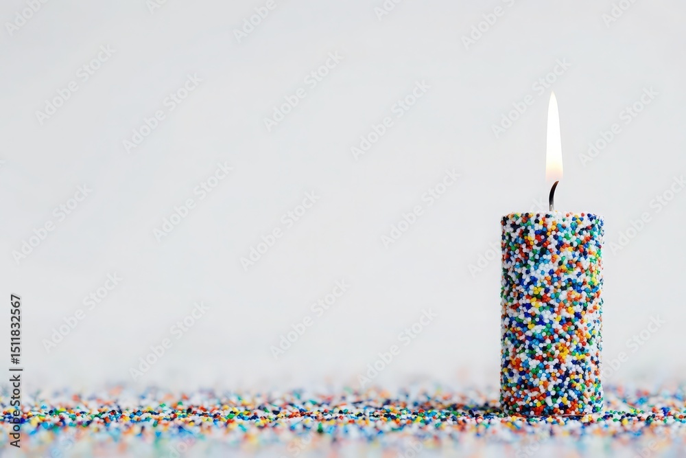 A tall, cylindrical candle adorned with colorful sprinkles stands upright on a surface covered with more sprinkles. The candle is lit, creating a warm glow in a celebratory atmosphere.