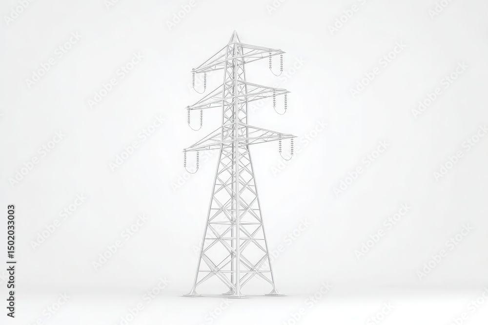 A tall electricity transmission tower stands prominently against a plain white backdrop. The structure features multiple levels and insulators, showcasing its importance in power distribution.