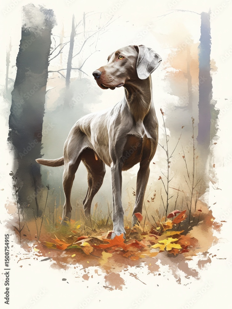 A tall, elegant dog stands in a forest clearing surrounded by autumn foliage. The background features soft, blurred trees and a misty atmosphere, enhancing the tranquil setting.