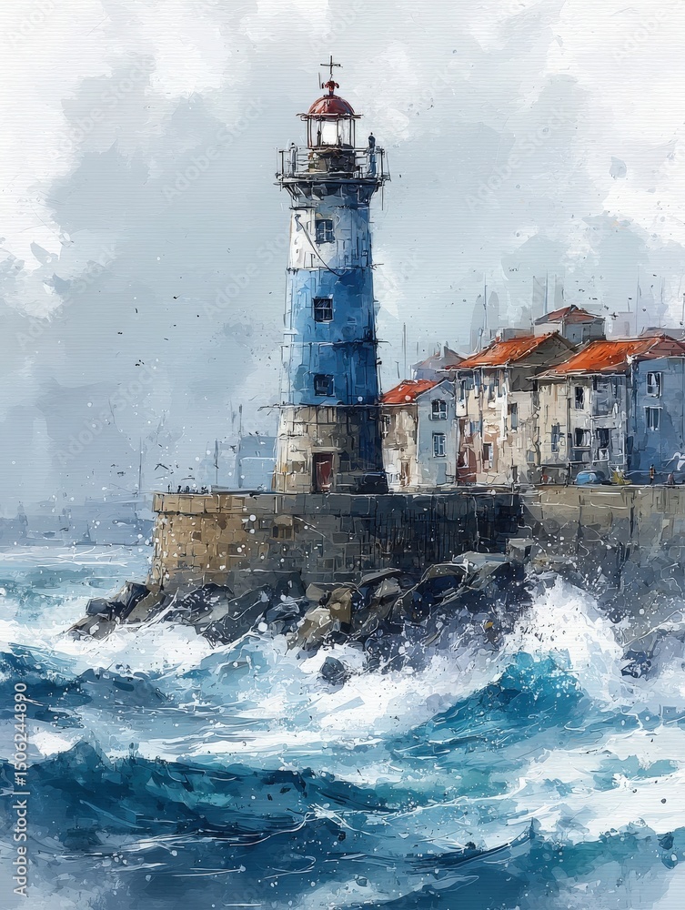 A tall lighthouse stands firm on the rocky shore as powerful waves crash against it. Nearby, a quaint coastal village features buildings with red roofs, set against a cloudy sky.