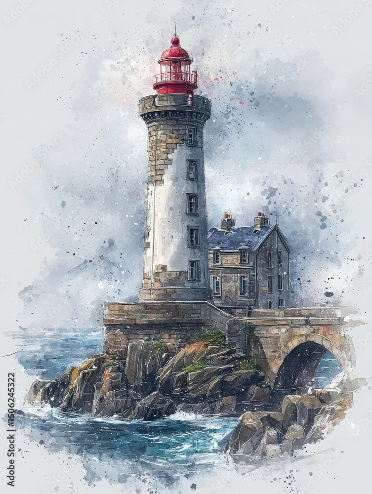 A tall lighthouse stands on a rocky coastline, featuring a red lantern at the top. Surrounding the structure are stone buildings, waves crashing against the rocks, and clouds filling the sky.
