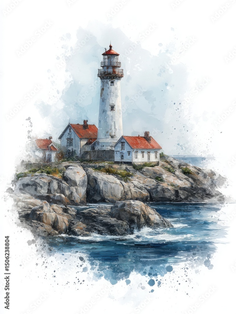 A tall lighthouse stands on a rocky shore, surrounded by the oceans waves. Its white exterior contrasts with red roofs of nearby buildings, creating a picturesque scene under a clear sky.