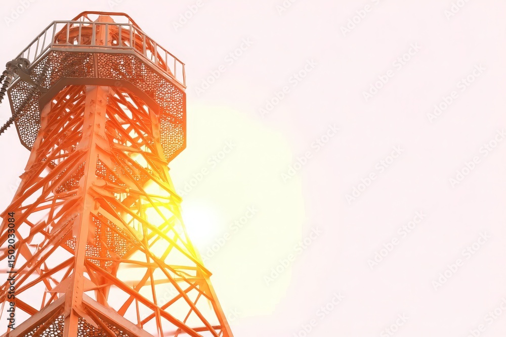 A tall metal tower rises prominently against the backdrop of a stunning sunset. The rays of the sun illuminate the structure, highlighting its intricate design and creating a warm glow.