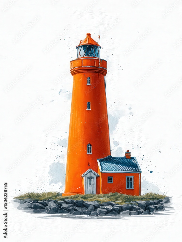 A tall, vibrant orange lighthouse rises from a rugged coastal landscape. Its glass lantern reflects light, while nearby a small house completes the picturesque maritime scene.
