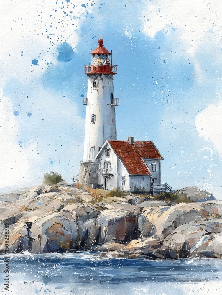 A tall white lighthouse is positioned on a rocky outcrop beside calm waters. The structure features a red-topped lantern and a white house beside it, all against a vibrant blue sky.