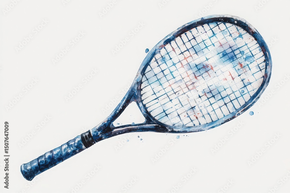 A tennis racket is illustrated in watercolor, showcasing a blend of blue tones and soft splashes around it.
