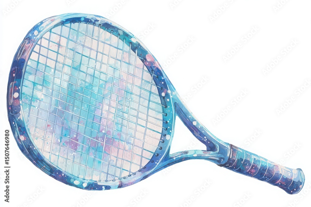 A tennis racket is showcased, adorned with a striking galaxy theme. Its frame features vivid shades of blue, purple, and white, resembling a starry sky. The unique design captures attention.