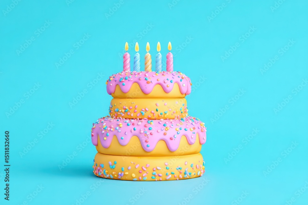 A three-tiered birthday cake features vibrant yellow and pink frosting and is adorned with colorful sprinkles. Five lit candles sit atop, creating a festive atmosphere, set against a teal background.