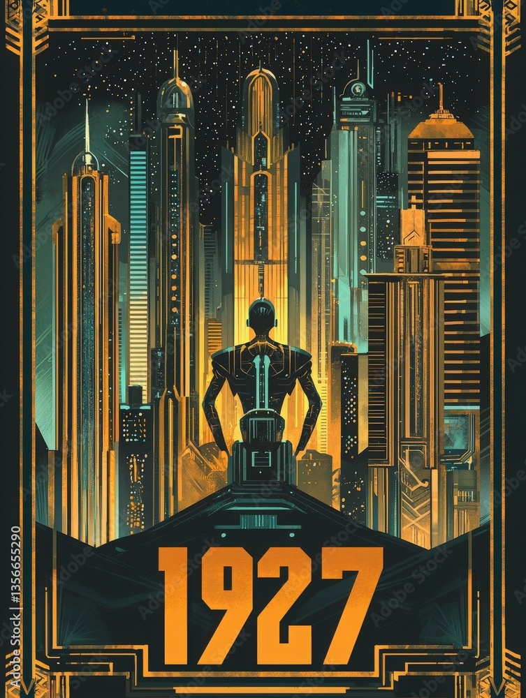 A towering retro robotic figure stands atop a hill, gazing at a vibrant, futuristic city skyline filled with glowing skyscrapers. The scene evokes a blend of nostalgia and innovation.