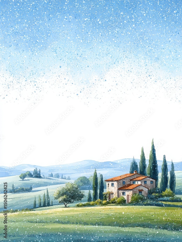A tranquil countryside features a quaint house surrounded by tall cypress trees. Rolling hills stretch into the distance under a clear blue sky with delicate clouds.