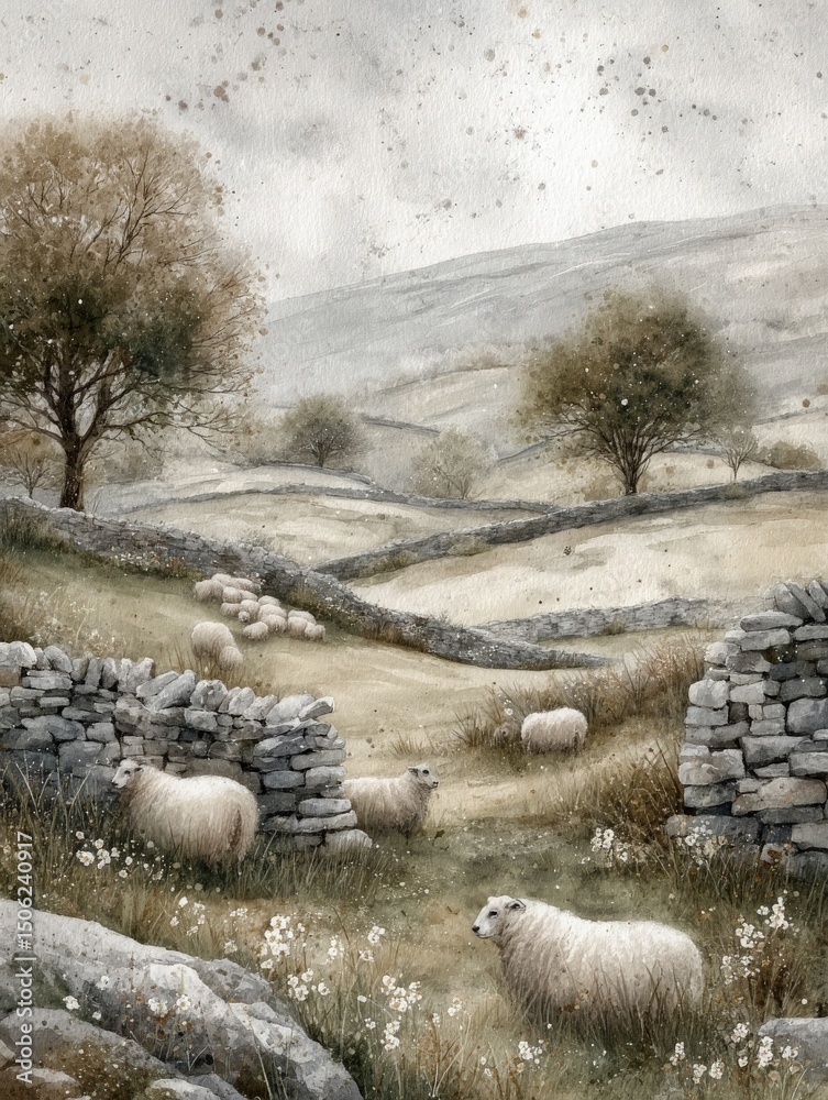 A tranquil countryside features gentle hills dotted with grazing sheep near weathered stone walls and trees. The soft, muted tones provide a peaceful ambiance, inviting a sense of calm.