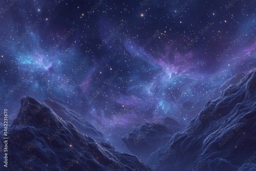A vast cosmic landscape showcases vibrant nebulas in shades of blue and purple against a star-filled sky. Rocky formations provide depth and contrast, evoking a sense of wonder in the universe.