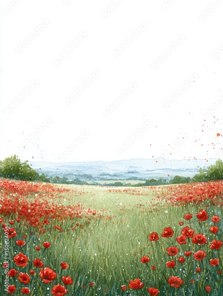 A vast field filled with bright red poppies stretches across the landscape, surrounded by lush greenery. Mountains gently rise in the background, creating a serene and beautiful spring atmosphere.