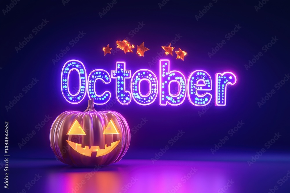 A vibrant October sign glows with colorful lights, accompanied by a cheerful pumpkin featuring a carved smile. The dark background enhances the festive atmosphere of autumn.