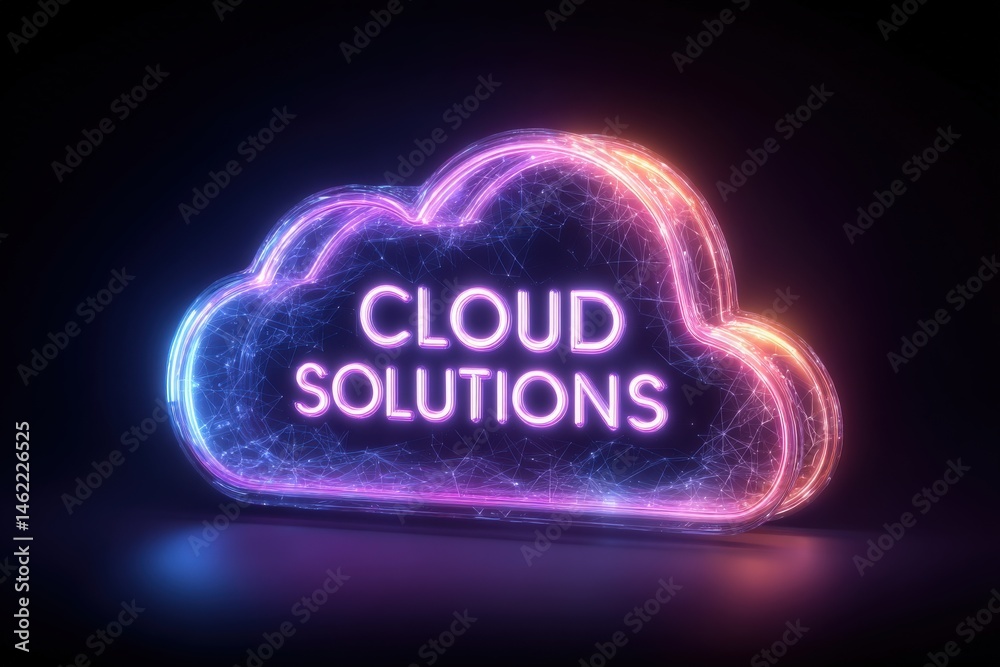 A vibrant and illuminated cloud graphic displays the words cloud solutions. The design uses neon colors against a dark background, representing innovation in technology and digital services.