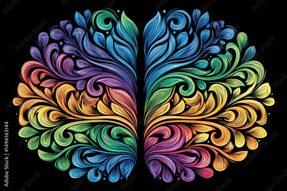 A vibrant and intricate floral design forms a symmetrical shape that resembles a brain. The artwork features a rainbow of colors swirling together, showcasing creativity and imagination.