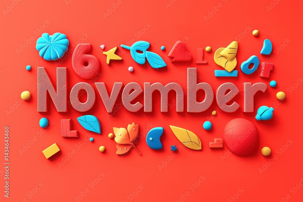 A vibrant arrangement features the word November crafted from textured materials, surrounded by colorful autumn leaves, playful shapes, and decorative elements on a red background.