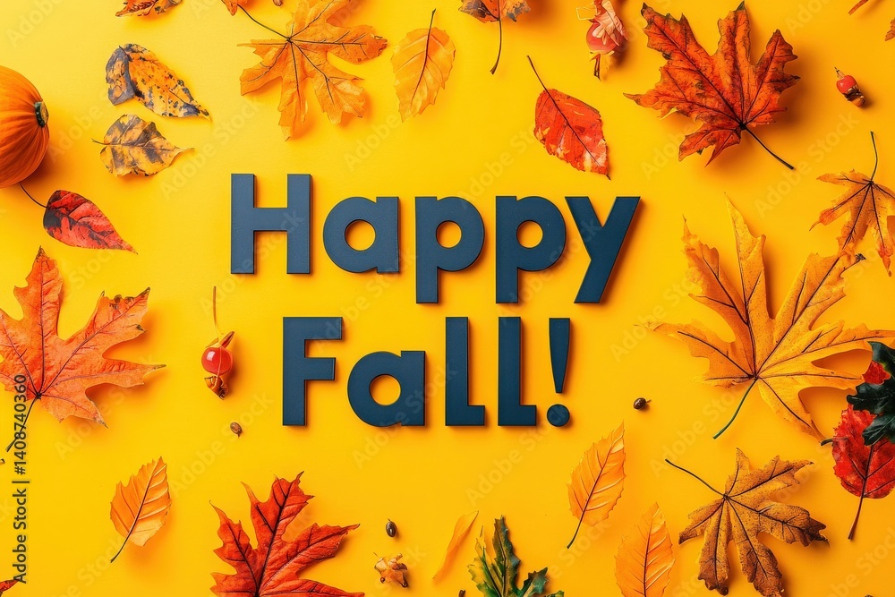 A vibrant arrangement of orange, red, and yellow autumn leaves surrounds cheerful text celebrating the fall season. A small pumpkin adds to the festive atmosphere on a yellow background.